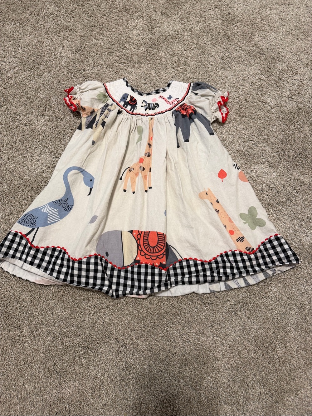 Smocked White Animal Print Casual Kids Dress with Black Gingham Trim
